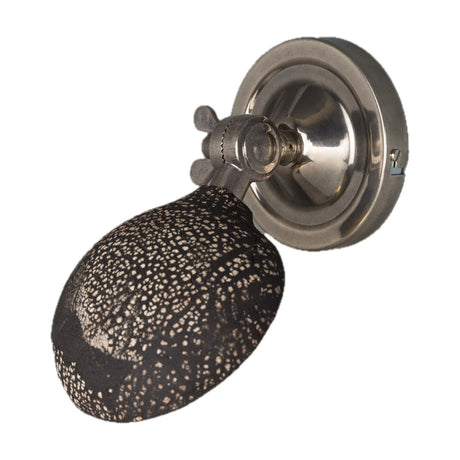 Coco Ceramic Wall Light in Black Clay, an egg-shaped speckled black ceramic shade on an adjustable knuckle joint, mounted on an antique silver round wall plate.
