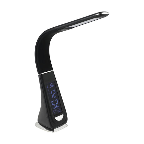 Cognoli black LED touch table lamp with curved arm, tapering base, slim LED panel, digital time and temperature display, and touch button, on white background.