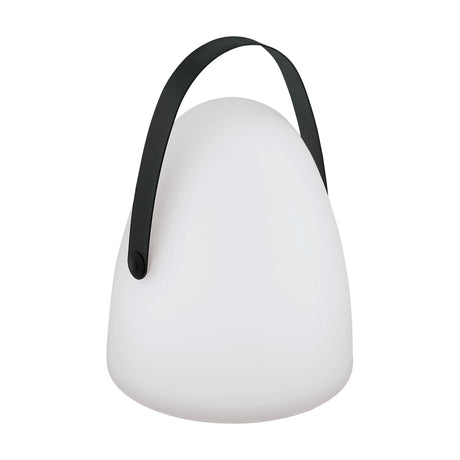 Collirados LED Table Lamp in white plastic with rounded, bell-shaped shade and black arched carry handle, shown on a plain white background.
