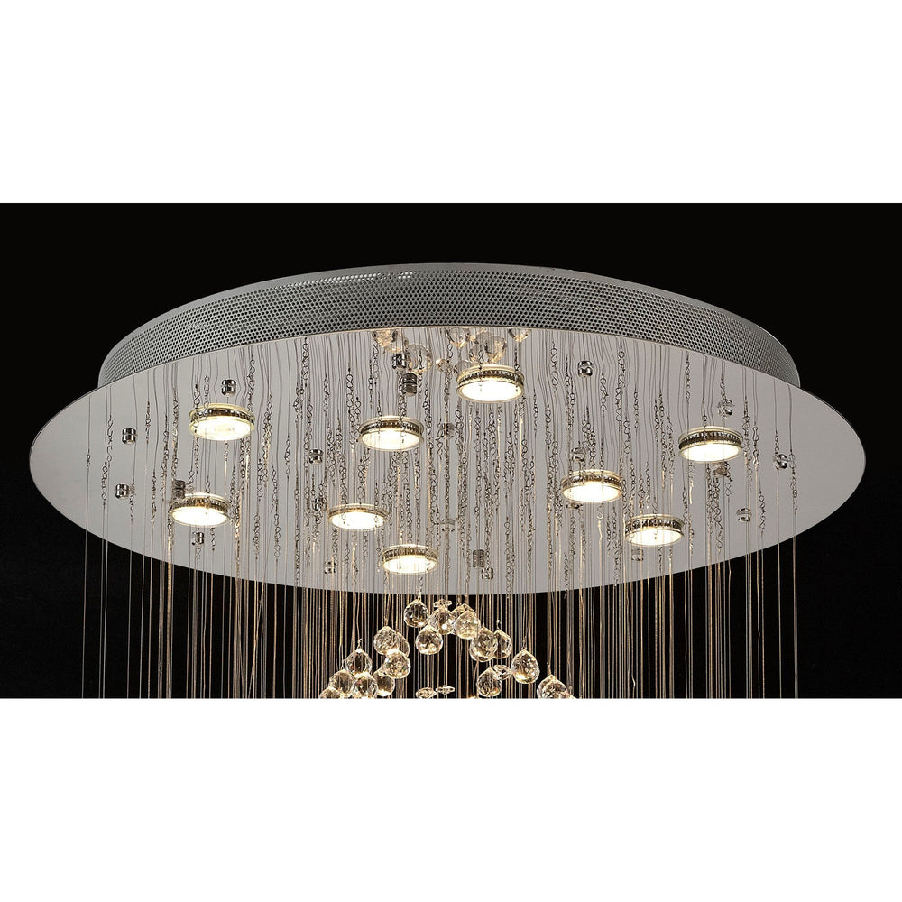 Colorado 9-light oval crystal cluster pendant with polished chrome ceiling canopy, GU10 lamps, and cascading crystal strands on a dark background.