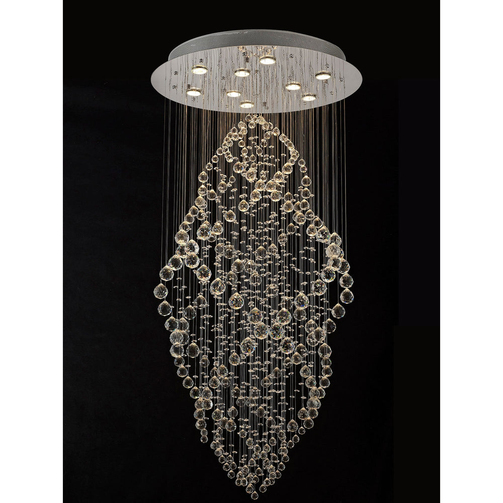 Colorado 9-light oval crystal cluster pendant with polished chrome ceiling canopy and cascading faceted crystal strands, shown against a plain black background.