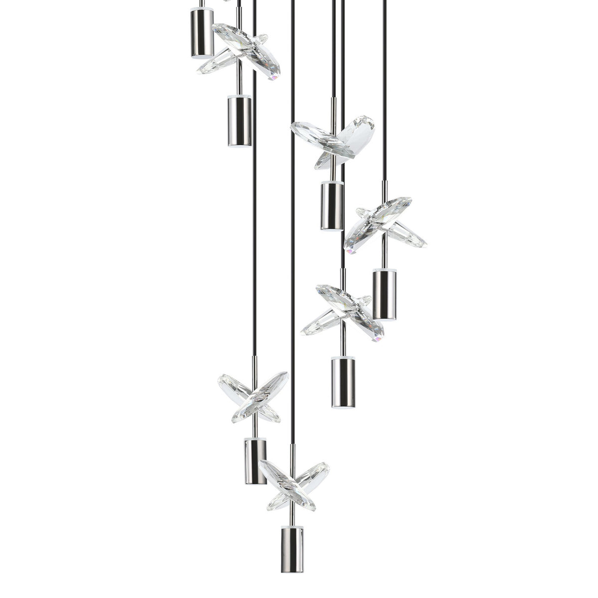 Comareira cascade pendant light with black nickel holders and faceted clear glass crossed drops on black cords, arranged in a spiral column against a plain white background.