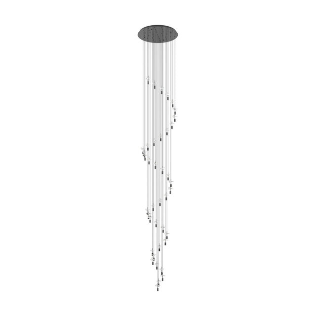 Comareira 40-light cascade pendant with black nickel holders and crossed faceted glass pieces on long cords from a round ceiling plate, forming a spiral column against a white background.