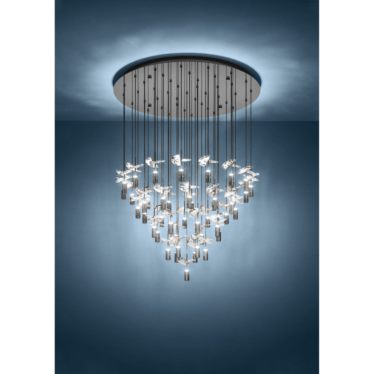 Comareira 43-light multi-drop pendant in black nickel, with slim black cables and clear faceted glass drops forming an inverted cone from a round ceiling plate.