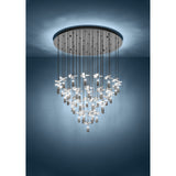 Comareira 43-light multi-drop pendant in black nickel, with slim black cables and clear faceted glass drops forming an inverted cone from a round ceiling plate.