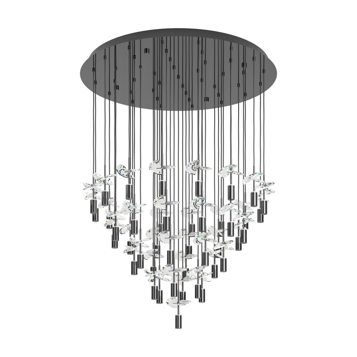 Comareira 43-light pendant in black nickel, with slim cables and clear faceted glass drops cascading in a cone shape from a round ceiling plate, shown on a plain white background.