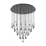 Comareira 43-light pendant in black nickel, with slim cables and clear faceted glass drops cascading in a cone shape from a round ceiling plate, shown on a plain white background.