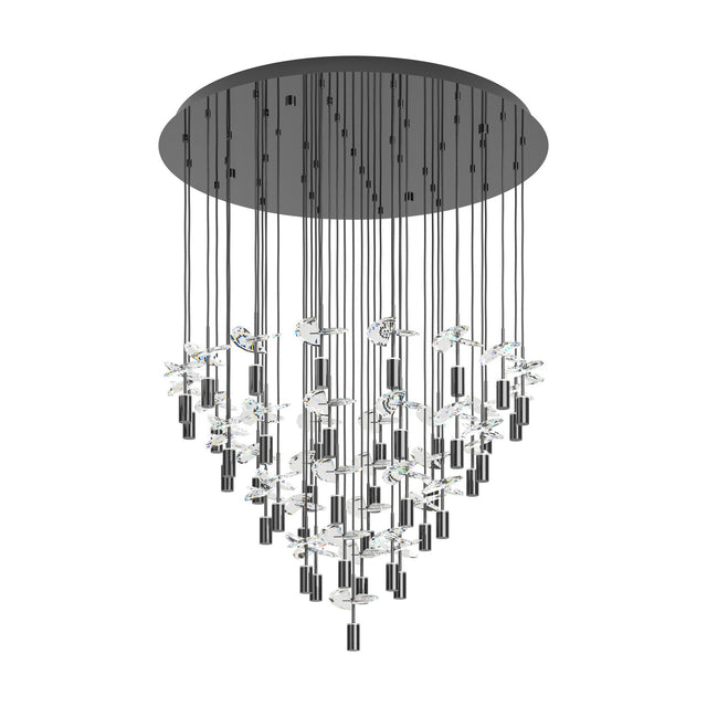 Comareira 43-light pendant in black nickel, with slim cables and clear faceted glass drops cascading in a cone shape from a round ceiling plate, shown on a plain white background.