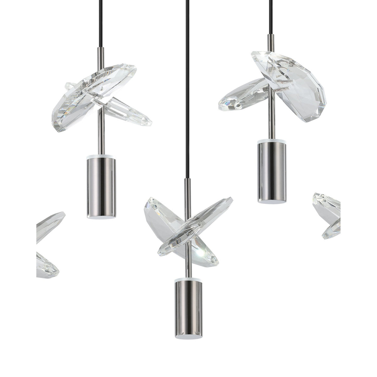 Comareira linear pendant light in black nickel, showing three drops with cylindrical shades and clear faceted glass leaf accents against a white background.