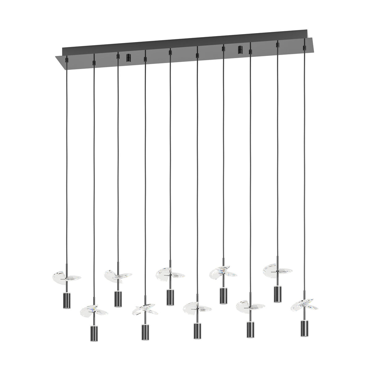 Comareira linear pendant light with a black nickel rectangular canopy and ten slim drops, each ending in a cylindrical shade with clear faceted glass leaf details, shown on a plain white background.