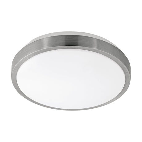 Competa 1 LED flush ceiling light, 24.5cm round fixture with white diffuser and satin nickel coloured trim band, white steel body, shown on a plain white background.