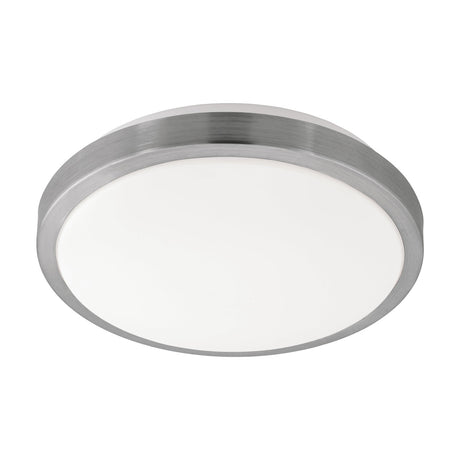 Competa 1 LED flush ceiling light, round 32.5cm design with white plastic diffuser and satin nickel trim ring, white steel body, shown on a plain white background.