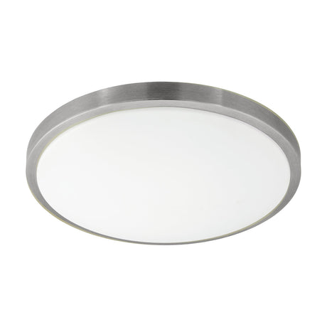 Competa 1 LED flush ceiling light, 43cm round fixture with white plastic diffuser and satin nickel band, white steel body, shown on a plain white background.
