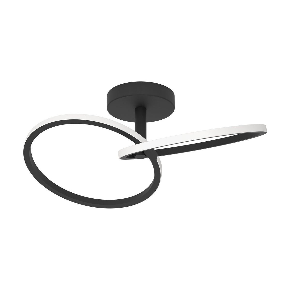 Congiunti LED Flush Ceiling Light in black steel, featuring two interlinked rings with white plastic diffusers on a round ceiling canopy, shown on a plain white background.