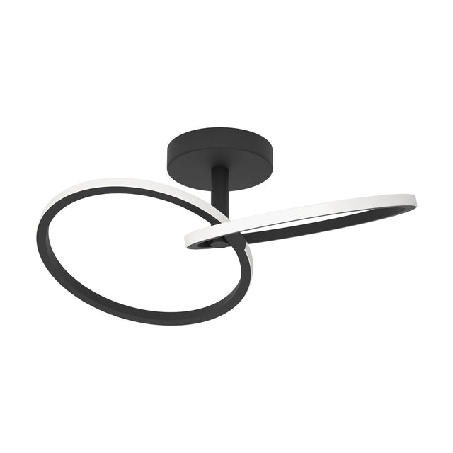 Congiunti LED Flush Ceiling Light in black steel, featuring two interlinked rings with white plastic diffusers on a round ceiling canopy, shown on a plain white background.