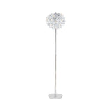 The Coniston 3 Light Crystal Floor Lamp in polished chrome features a slim stand, round base, and a dome-shaped shade made of clear crystal-like pieces for elegant ambient lighting.