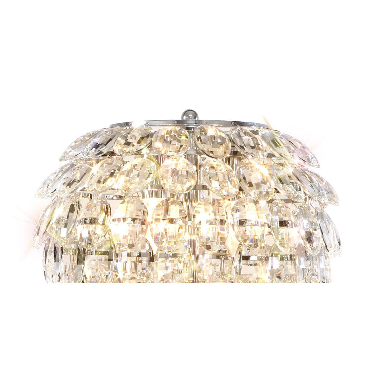 A close-up of the Coniston 3 Light Crystal Floor Lamp in polished chrome, featuring rows of oval faceted crystals that reflect and refract light for a sparkling, elegant effect—ideal for enhancing ambient lighting in any modern space.
