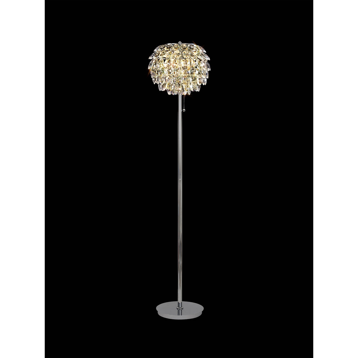The Coniston 3 Light Crystal Floor Lamp in polished chrome features a sleek stand and a round shade with hanging crystals, creating stunning ambient lighting.