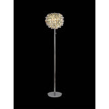 The Coniston 3 Light Crystal Floor Lamp in polished chrome features a sleek stand and a round shade with hanging crystals, creating stunning ambient lighting.