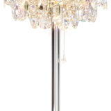 The Coniston 3 Light Crystal Floor Lamp in polished chrome features teardrop crystals, a pull chain, and a sleek metallic pole, offering brilliant ambient lighting against a white background.