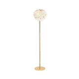 The Coniston 3 Light Crystal Floor Lamp in French Gold features a tall design with a round base and a decorative, textured lampshade of overlapping crystal petals—ideal for luxury lighting.