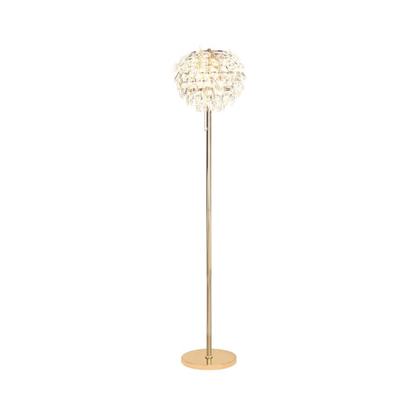 The Coniston 3 Light Crystal Floor Lamp in French Gold features a tall design with a round base and a decorative, textured lampshade of overlapping crystal petals—ideal for luxury lighting.