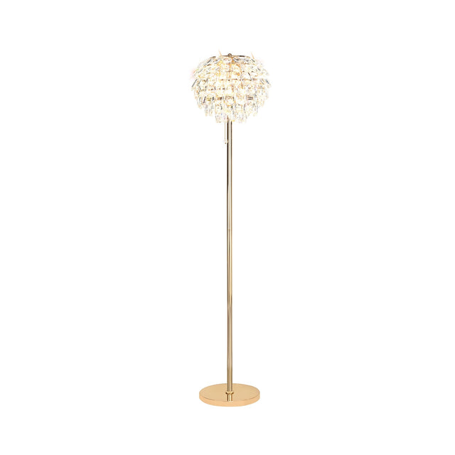 The Coniston 3 Light Crystal Floor Lamp in French Gold features a tall design with a round base and a decorative, textured lampshade of overlapping crystal petals—ideal for luxury lighting.