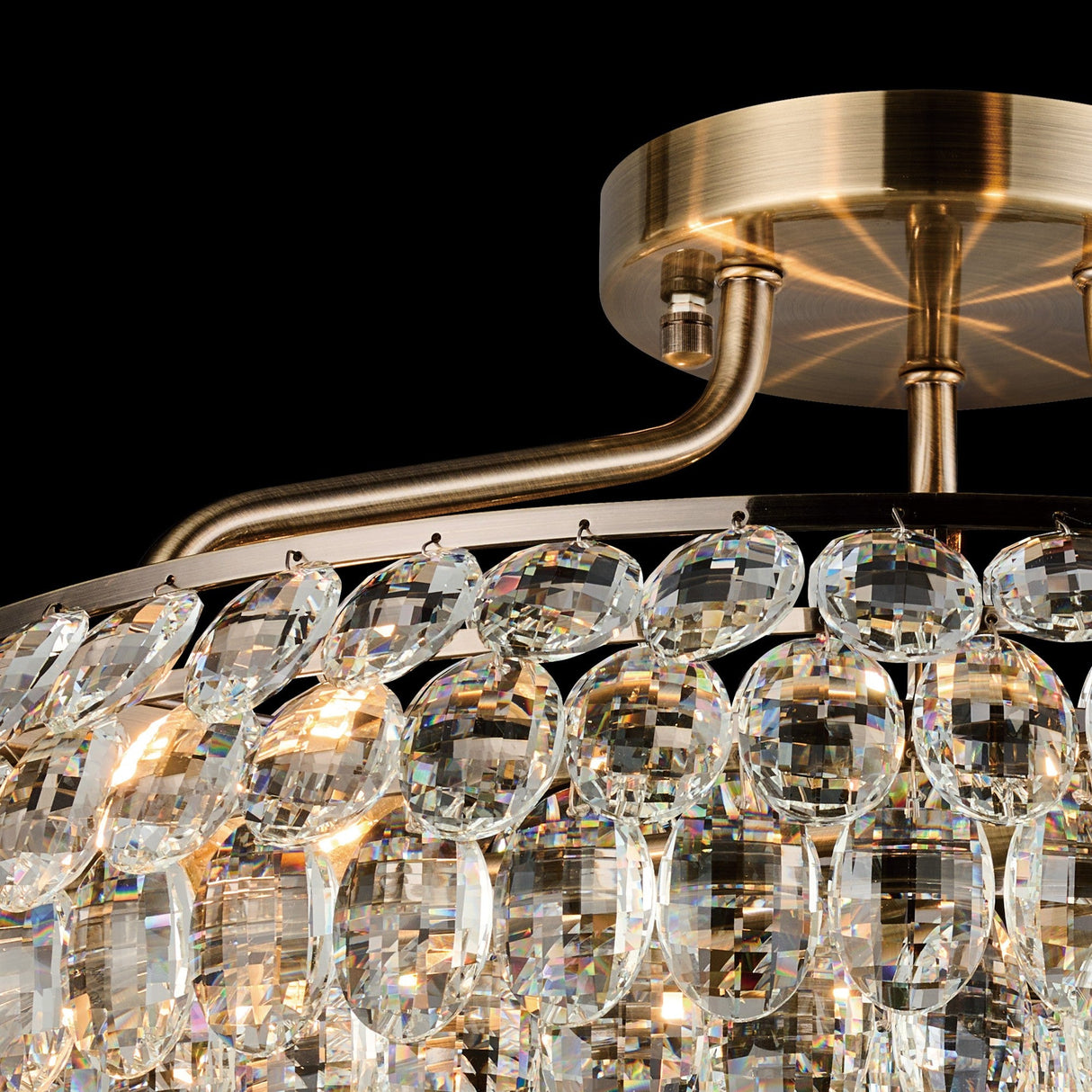 Coniston 15 Light Ring Crystal Semi-Flush Ceiling Light - Antique Brass