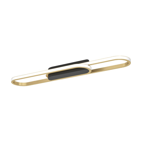 Conivarena LED flush ceiling light with two overlapping elongated brass loops, white edge diffusers, and a central black oval housing, shown on a plain white background.