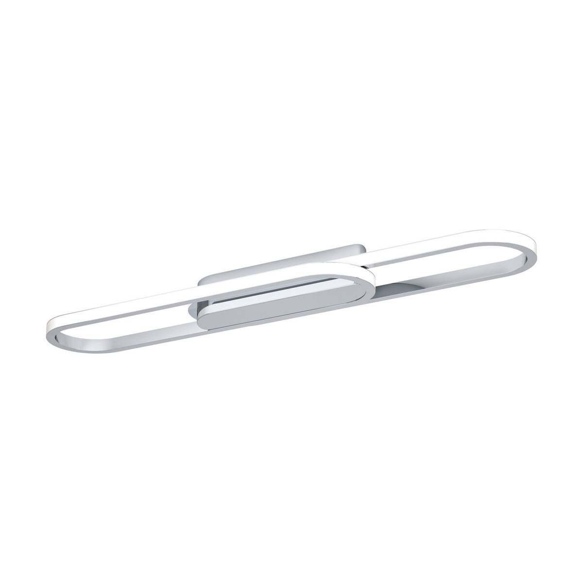 Conivarena LED flush ceiling light in chrome, a long rounded oblong loop with a chrome centre bar and white plastic diffusers, shown on a plain white background.