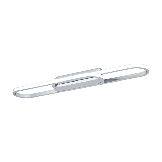 Conivarena LED flush ceiling light in chrome, a long rounded oblong loop with a chrome centre bar and white plastic diffusers, shown on a plain white background.