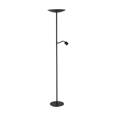 Conivarino LED mother and child floor lamp in black steel, with a tall stem, wide uplighter dish, round base, and flexible reading arm, shown on a plain white background.