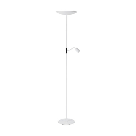 Conivarino LED Mother and Child Floor Lamp in white, with a slim steel stem, round base, shallow uplighter dish, and adjustable reading arm, shown on a plain background.