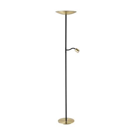 Conivarino mother and child floor lamp with black steel stem, brushed brass uplighter dish, adjustable reading head on flexible arm, and brushed brass base.