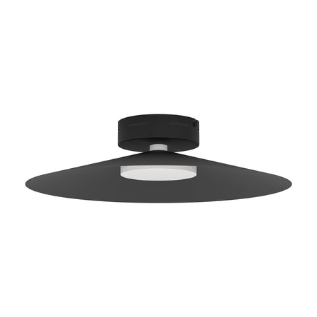 Conomavilla Smart LED Flush Ceiling Light in black, showing a round steel canopy and wide flat disc shade around a central white diffuser, set on a plain white background.