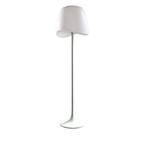The Cool 2 Light Floor Lamp in matt white and opal white features a modern, dimmable design with a wide, tilted shade and slim straight pole on a round base—ideal for ambient lighting against a plain white background.