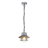 The Copenhagen Outdoor 1 Light Chain Pendant in silver radiates an industrial charm with its modern design, featuring a metal shade and clear glass bulb. Suspended by a black cord and chain, this Scandinavian-style lighting piece casts a warm glow when illuminated.