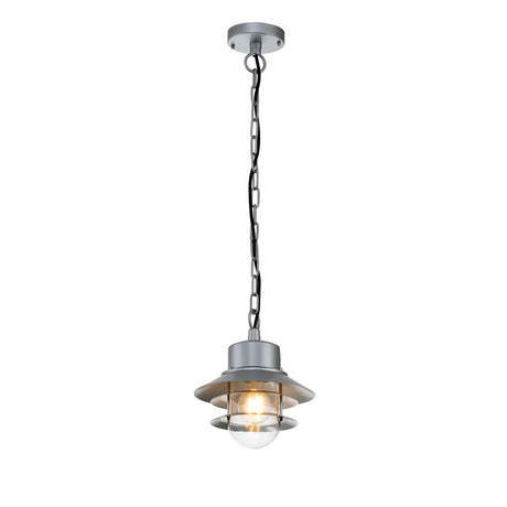 The Copenhagen Outdoor 1 Light Chain Pendant in silver radiates an industrial charm with its modern design, featuring a metal shade and clear glass bulb. Suspended by a black cord and chain, this Scandinavian-style lighting piece casts a warm glow when illuminated.