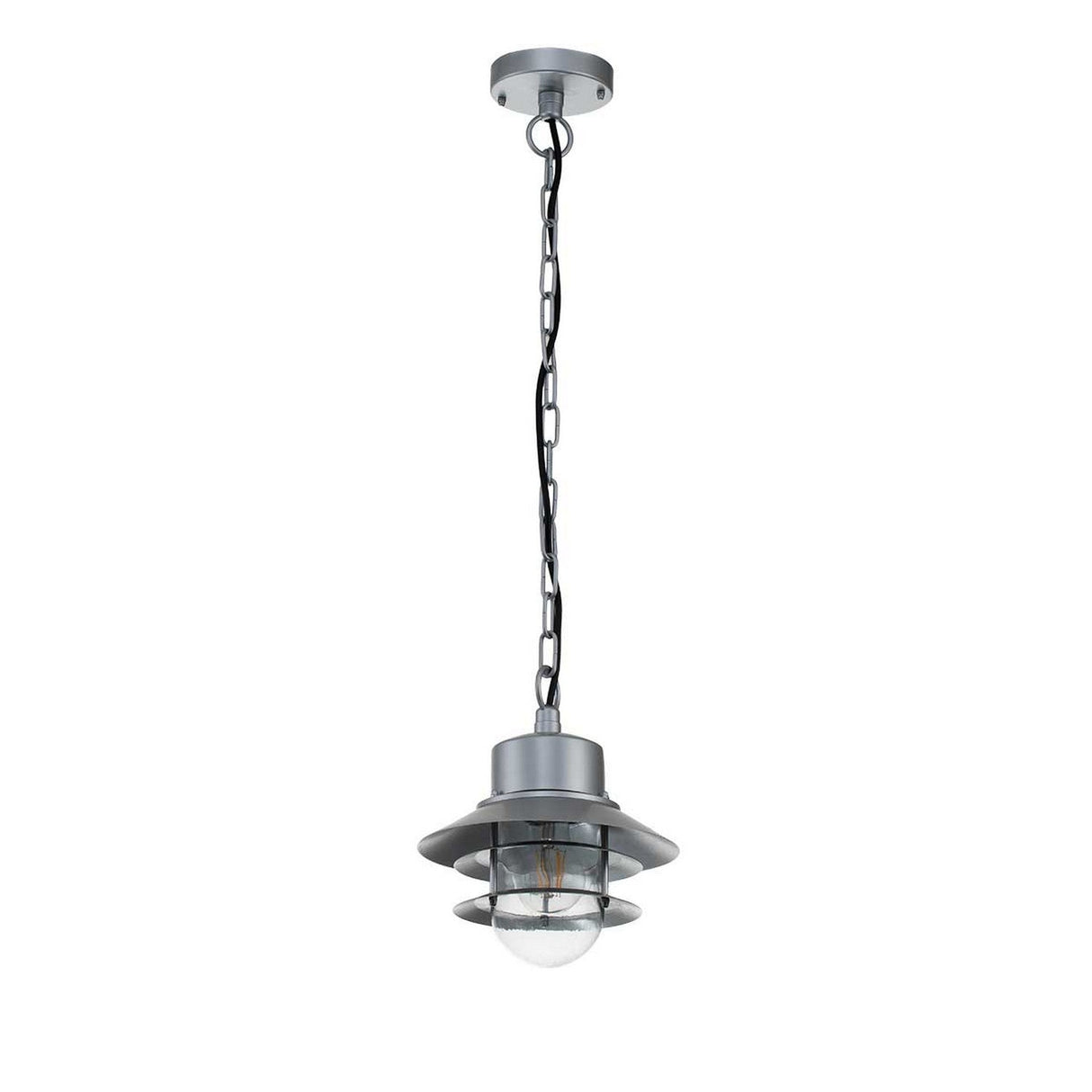 The Copenhagen Outdoor 1 Light Chain Pendant - Silver is an industrial-style outdoor pendant light featuring a metal shade and clear glass cover. It includes a chain link for suspension and displays a visible bulb inside. This fixture, manufactured from stainless steel, embodies a modern, minimalist design.