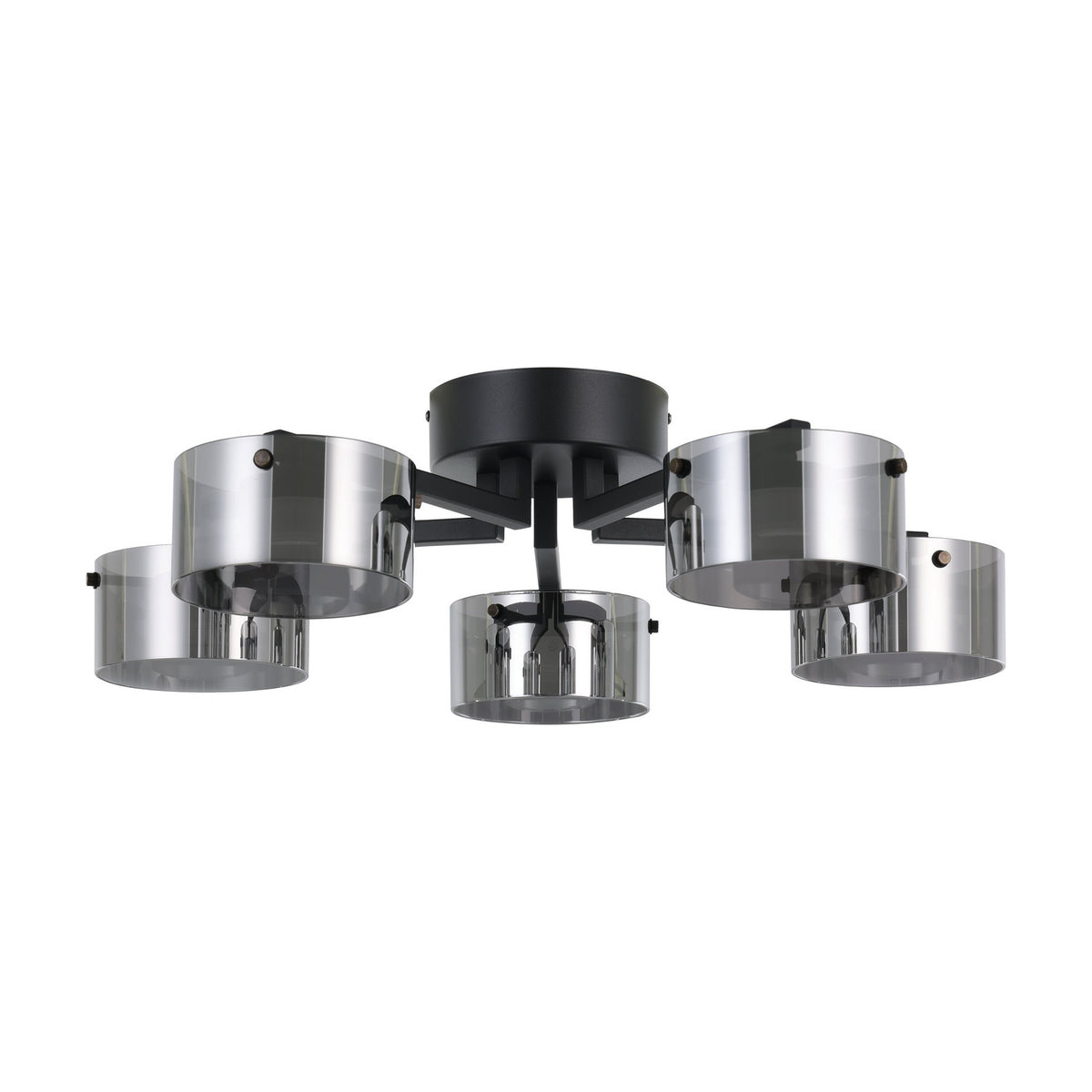 Copillos 5 Light Ceiling Light in black steel with five cylindrical smoked glass shades arranged around a round canopy, shown on a plain white background.