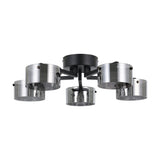 Copillos 5 Light Ceiling Light in black steel with five cylindrical smoked glass shades arranged around a round canopy, shown on a plain white background.