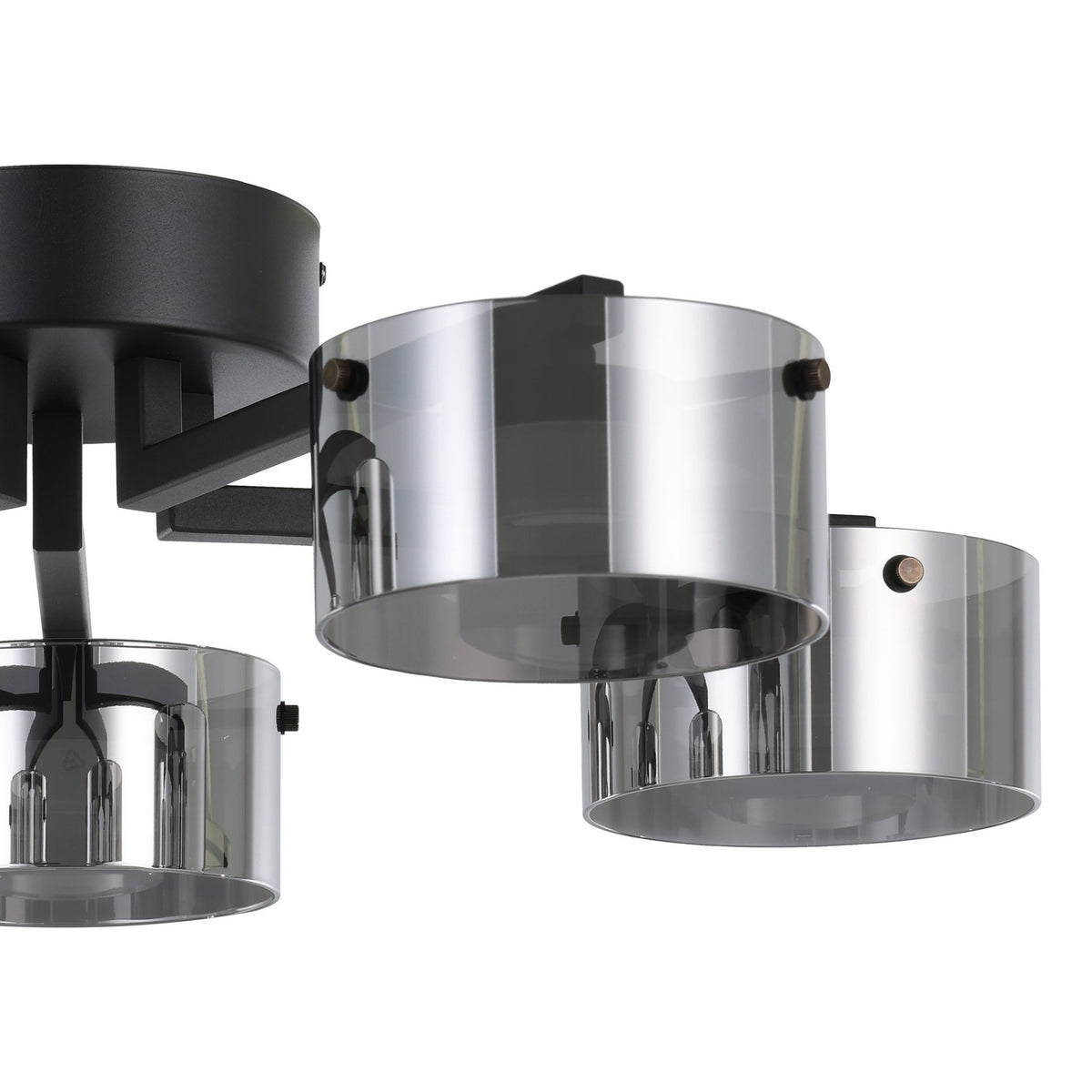 Close-up of the Copillos 5 Light Ceiling Light in black, showing a round steel canopy with short arms holding cylindrical smoked glass shades, set against a plain white background.