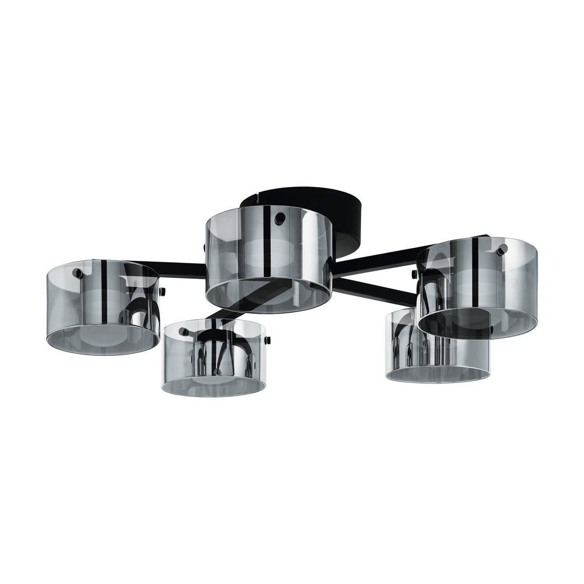 Copillos 5 Light Ceiling Light in black steel with five cylindrical smoked glass shades on short arms, shown on a plain white background.