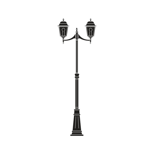Coping cast aluminium outdoor lamp post in black, tall column with two lantern heads featuring glass panes, on a plain white background.