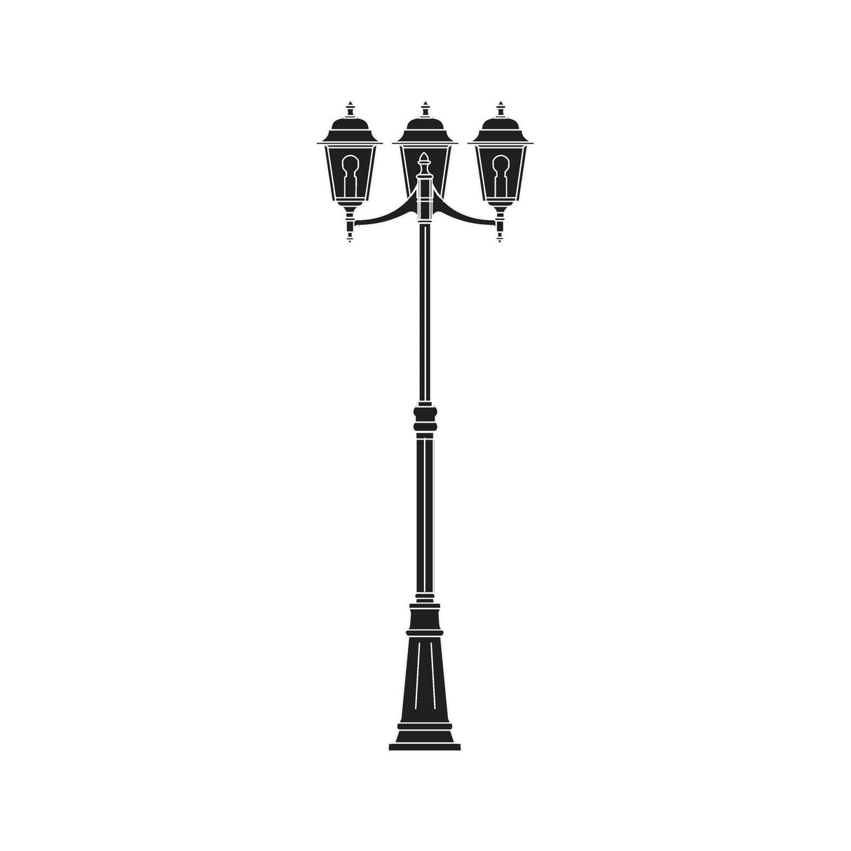 Coping cast aluminium outdoor lamp post in black with tall column and 3 lantern heads featuring domed tops and glass panes, shown on a plain white background.