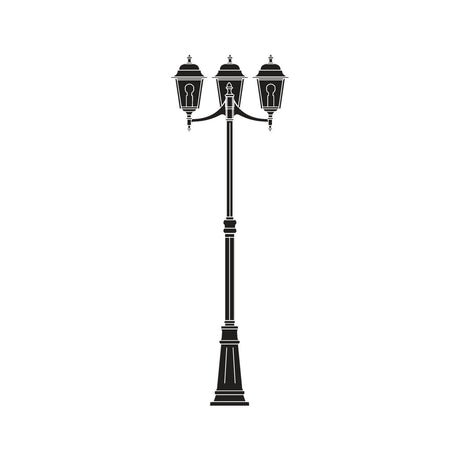 Coping cast aluminium outdoor lamp post in black with tall column and 3 lantern heads featuring domed tops and glass panes, shown on a plain white background.
