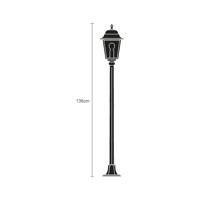 Coping cast aluminium outdoor lamp post, 136cm, black finish with a domed lantern top and glass panes, shown as a line illustration with height marker on a white background.