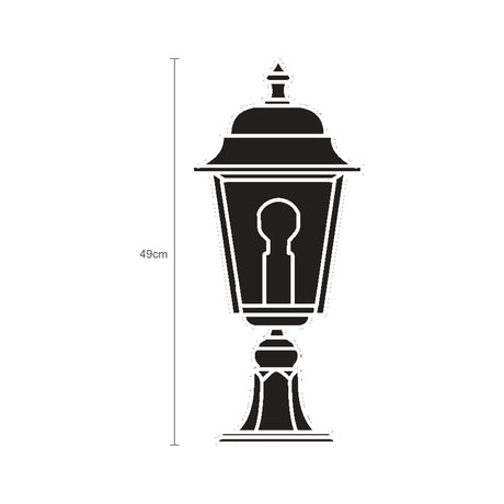 Coping cast aluminium outdoor bollard light in black, 49cm, with domed lantern top, glass panes and pedestal base, shown as a silhouette icon on a white background with height measurement.