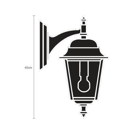 Black outline illustration of the Coping cast aluminium outdoor hanging wall lantern, 40cm, showing a wall bracket, domed roof, and glass-panelled lantern with E27 bulb, on a plain white background.
