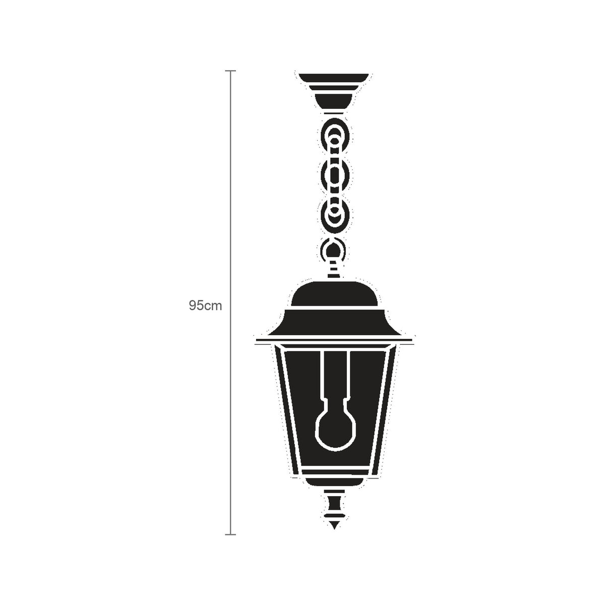 Coping Cast Aluminium Outdoor Pendant Light in black, 95cm hexagonal lantern with glass panes and domed roof, hung from a decorative chain on a plain white background.